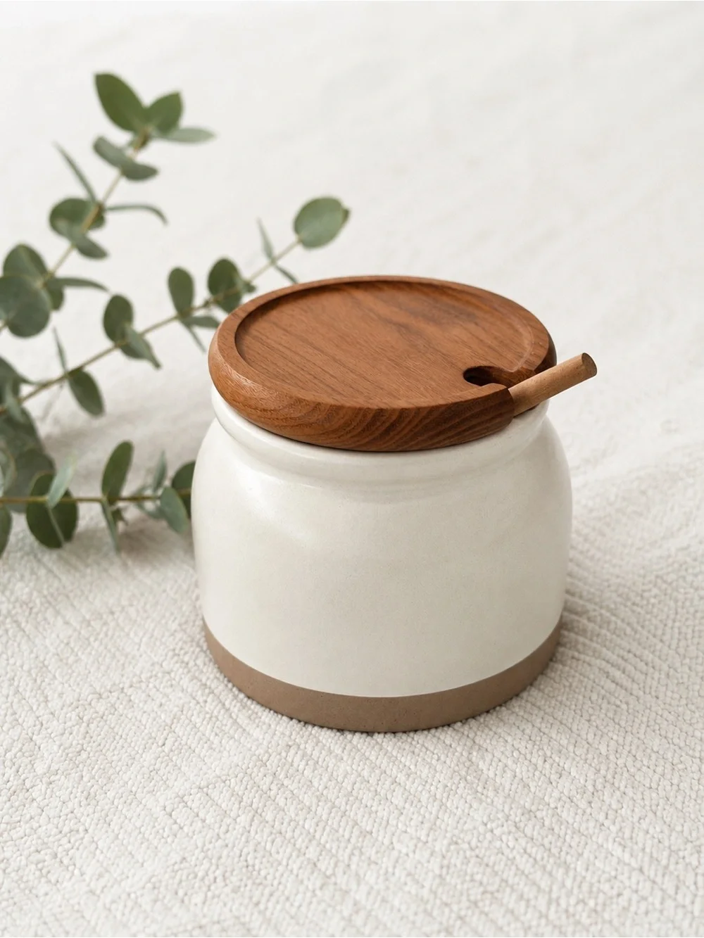 Ceramic Sugar Jar with Wooden Lid - Cream & Brown